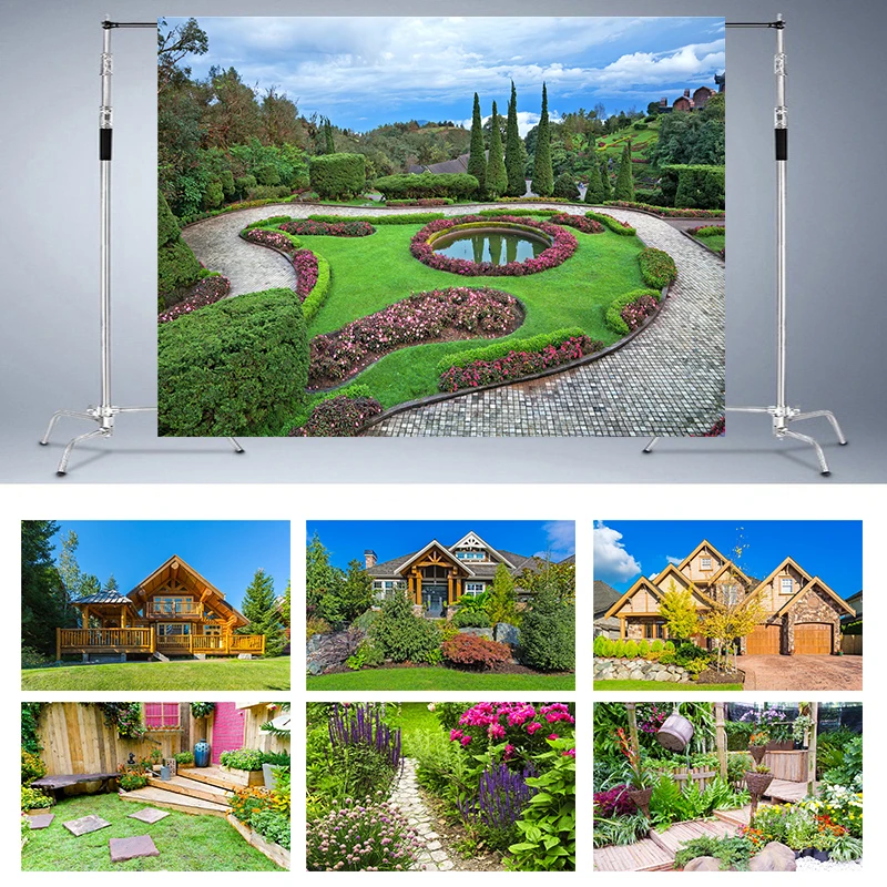 

Виниловый фон для фотосъемки с изображением сада, цветов, луга, пруда, виллы, пейзажа