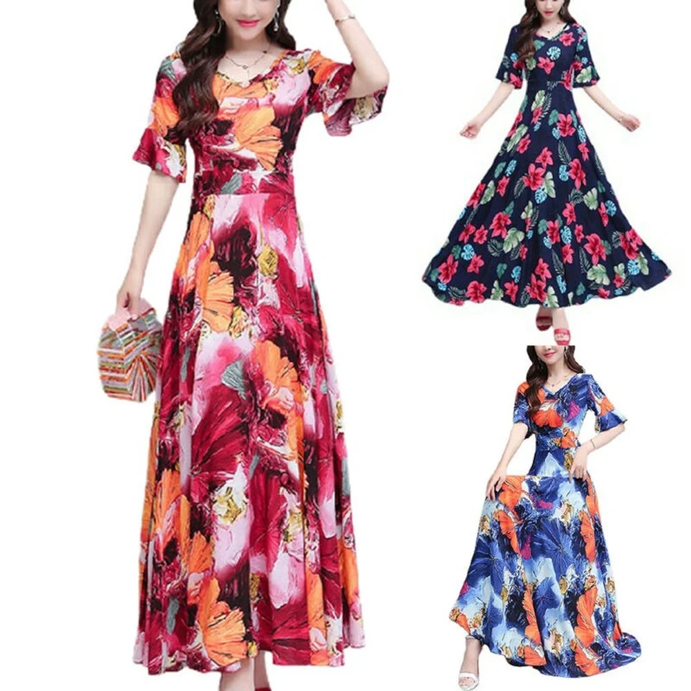 

Women Summer Short Sleeves Dresses Floral Ruffled Sleeve Maxi Dress Summer Party Ball Gown Casual Sundress