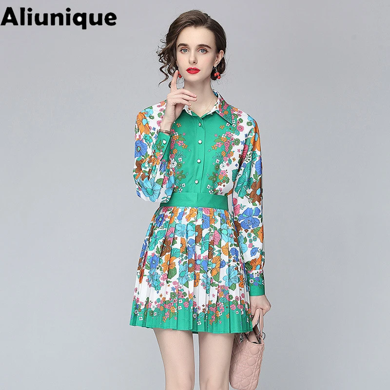 

Aliunique новый модный плиссированный шифоновый комплект из 2 предметов для женщин 2021 Модная рубашка с принтом для отдыха и плиссированная юбка ...