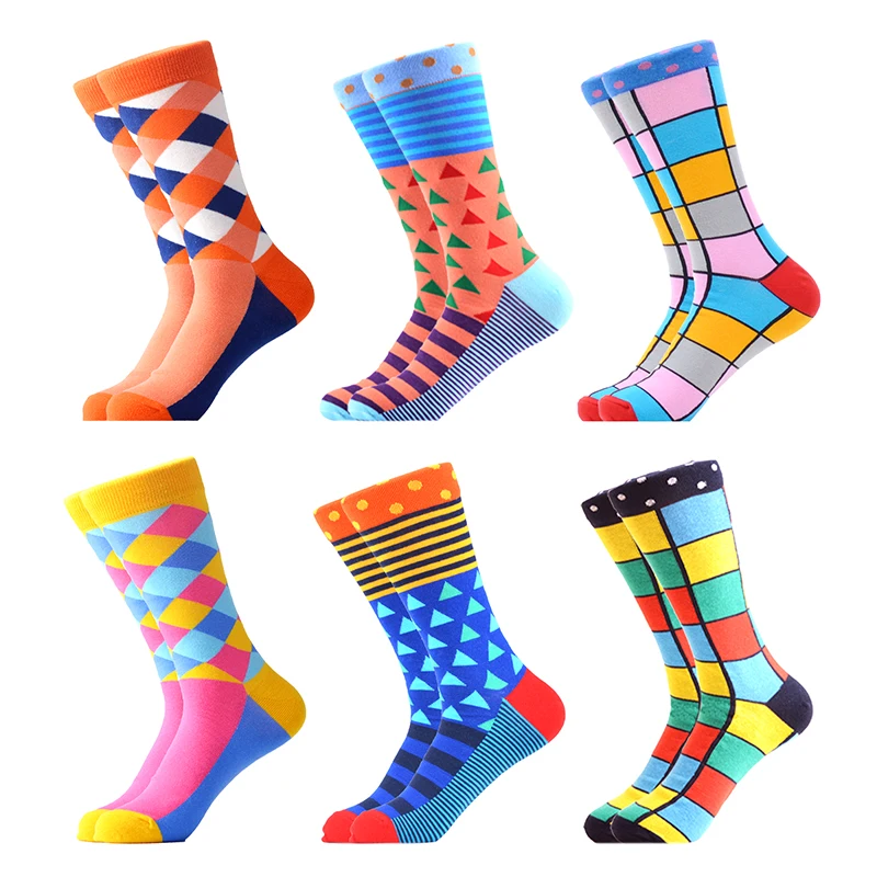 06743 (6pairs) SANZETTI/цветные мужские забавные носки без пятки из чесаного хлопка; одежда в стиле хип-хоп; Новинка; уличные носки для катания на коньках; носки для свадьбы; счастливый подарок - Цвет: 06743 (6pairs)