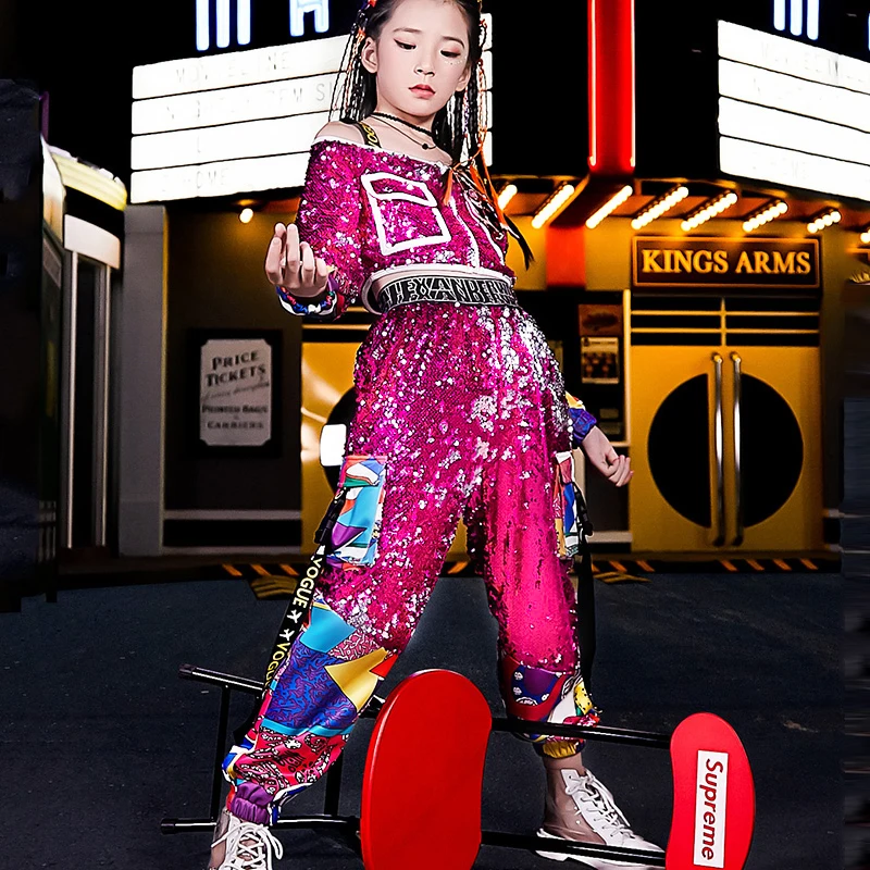 Костюм для джазовых танцев девочек блестящая одежда в стиле хип-хоп Детские