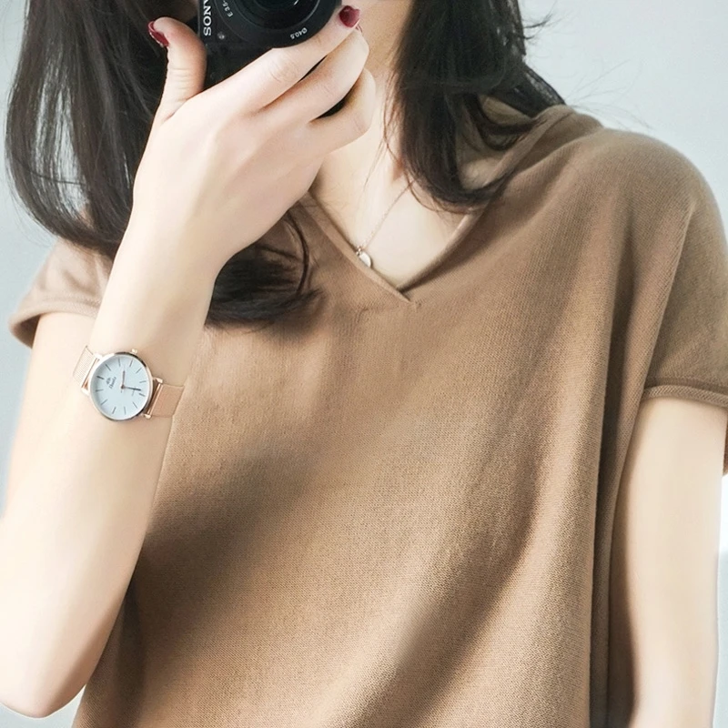 

Женский вязаный пуловер SHZQ, свободный хлопковый пуловер с коротким рукавом и V-образным вырезом, популярный в Европе и США, весна-лето 100%