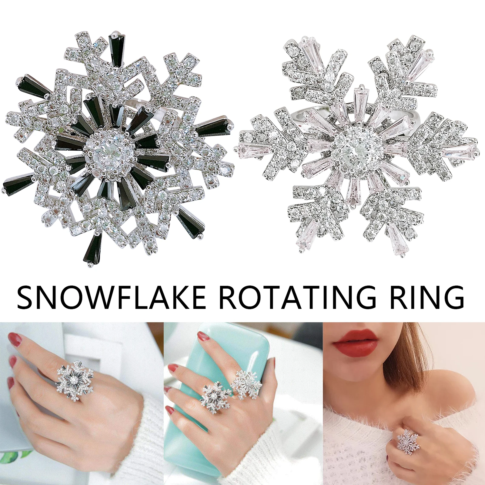 

Elegant Rotating Crystal Ring Shiny Multiple Snowflake Shape Ring Christmas Gift For Women Adjustable Exquisite