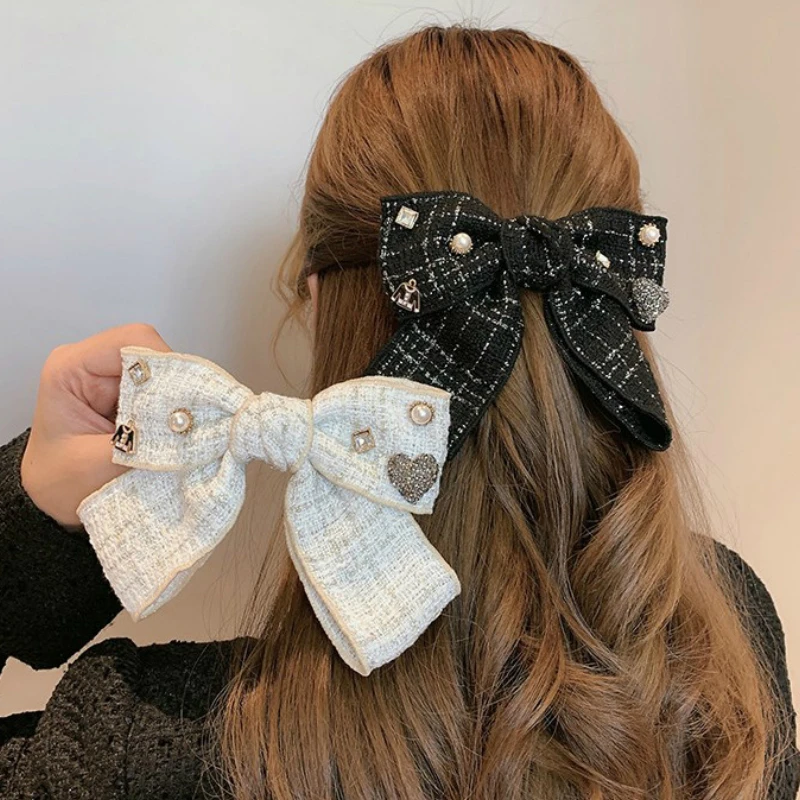 

Elegant Plaid Cloth Hairpins Adult Crystal Heart Pearl Luxury Fabric Bow Hair Clip Pin for Girls Women Hair Jewelry Headpiece