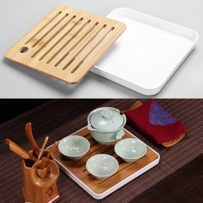 

Simple Square Dry Soak Tea Tray Eco-Friendly Bamboo Drainage Water Storage Board D0AC