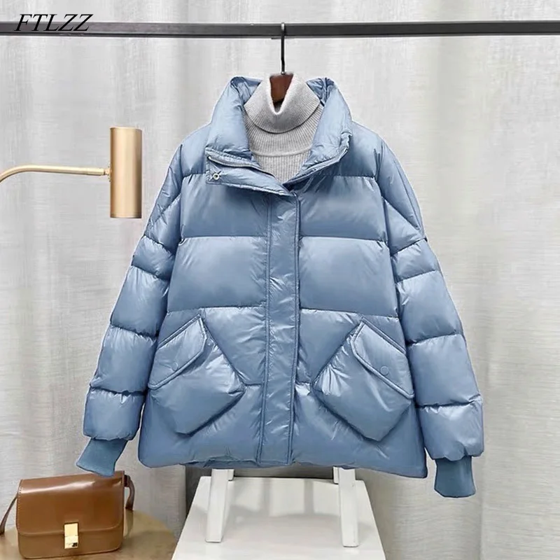

FTLZZ Winter 90% White Duck Down Short Jacket Women Casual Loose Light Feather Coat Lady Pocket Design Solid Color Warm Outwear