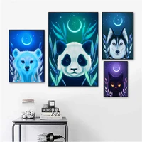animals under the moon art canvas painting modern mural panda fox poster print childrens room living room home decor pictures