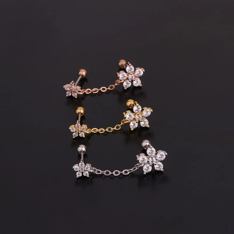 1 PCS Cute Sweet Small Zircon Flower Shape Earring with Chain Trendy Double Ball Ears Cartilage Piercing Stud Cuff Jewelry
