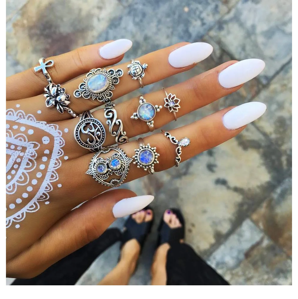 Bague Femme, винтажные кольца для женщин, геометрической формы, в стиле бохо, цветок, кристалл, кольцо на кончик пальца, набор, богемный, миди, ювелирные изделия, серебряный цвет