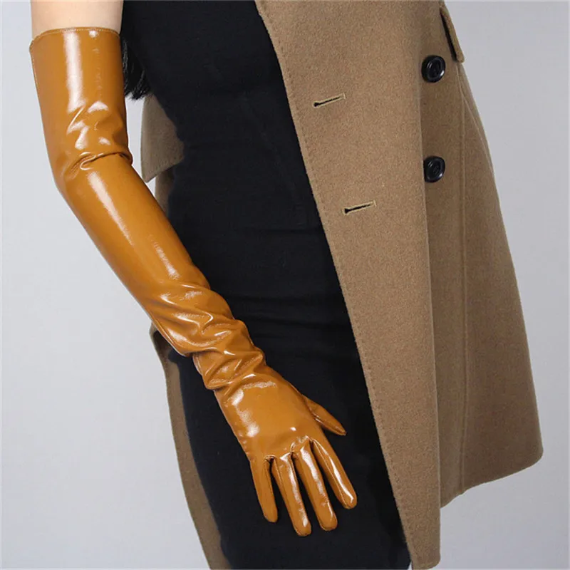 

60cm Patent Leather Long Gloves Extra Long Over Elbow PU Emulation Leather Bright Leather Light Brown Caramel Toffee PU51-60