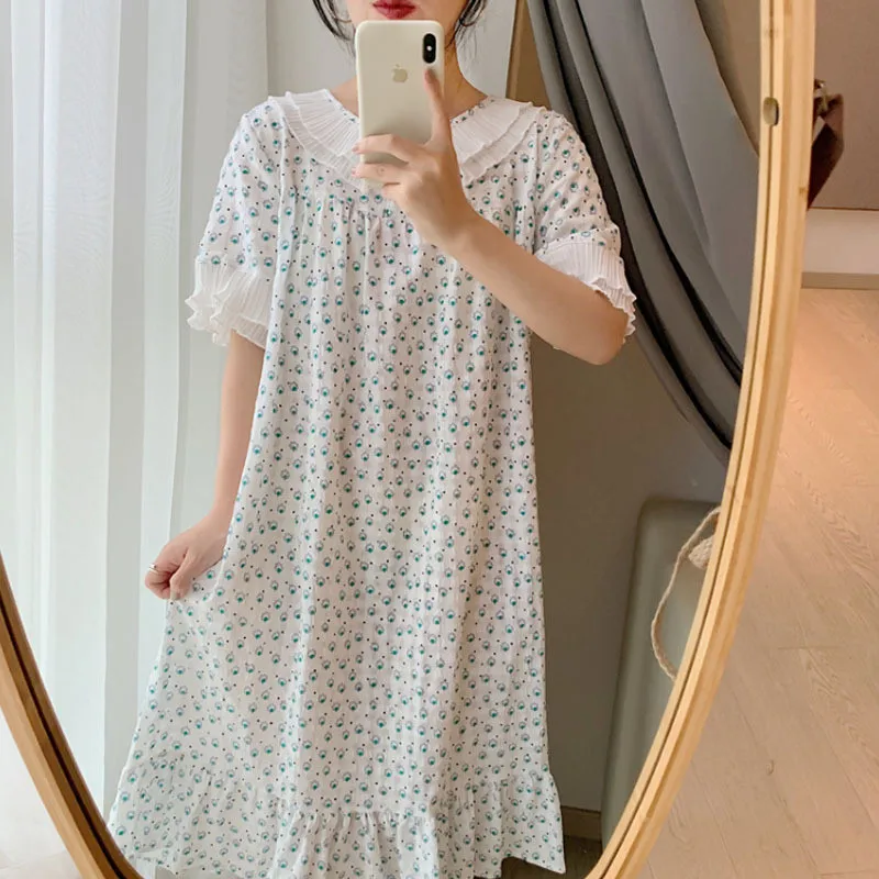 

2021 Summer Women's New Korean Real Shot Japanese Soft Sister Night Skirt Cute Girl Floral Thin Thin Home Service