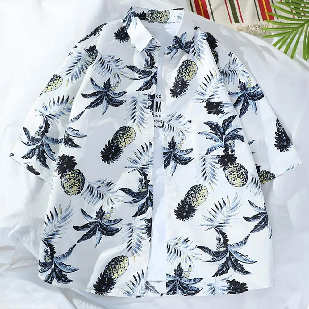 

Гавайская пляжная рубашка для мужчин и женщин, повседневные топы с рукавом до локтя, Пляжная футболка с принтом ананасов, цветов и листьев, С...