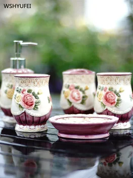 5Pcs embossed rose bathroom accessories soap bottle / toothbrush holder / mouth cup / soap dish crafts decoration Christmas gift