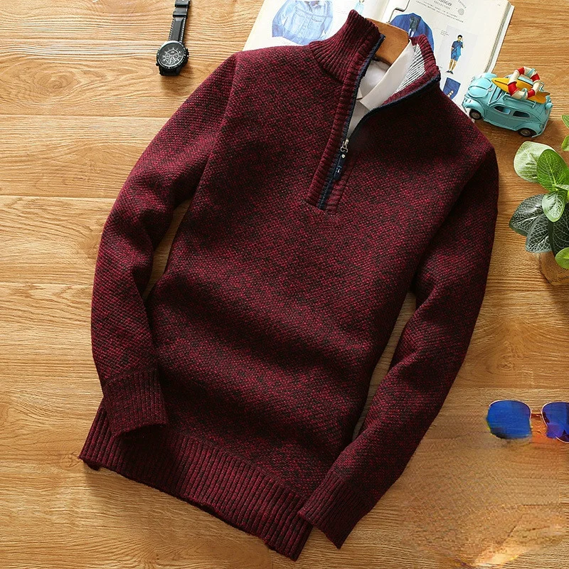 

Winter Men's Fleece Thicker Sweater Half Zipper Turtleneck Warm Pullover Quality Male Slim Knitted Wool Sweaters for Spring