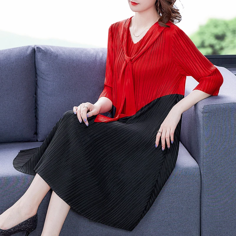 

Spring Summer Red Black Lycra Casual Midi Dress 2022 Vintage Loose Plus Size Shirt Dresses Elegant Women Bodycon Party Vestidos
