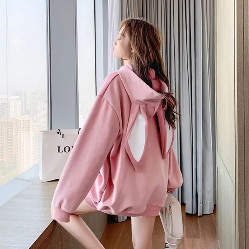 

Новинка Осень-зима 2021, модные дизайнерские милые женские толстовки с капюшоном с кроличьими ушками и круглым вырезом, свободные толстые пов...