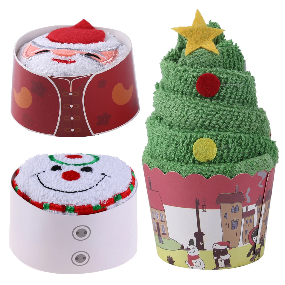 

Christmas Cupcake Cotton Towels Decorating Snowflake Santa Claus/Christmas Tree Snowman Xmas Gift for Party Guests