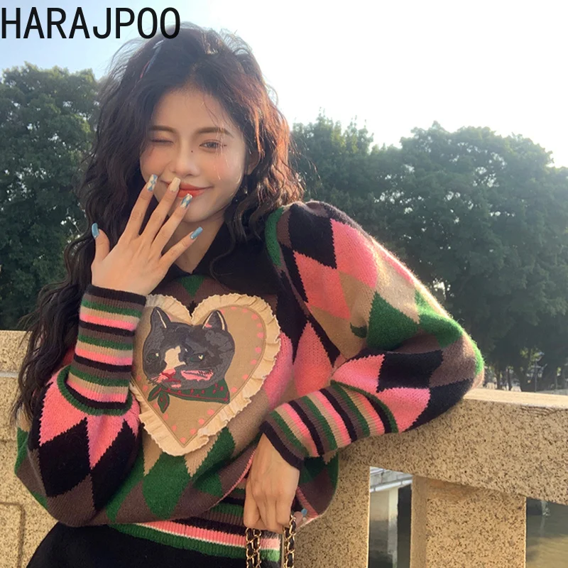 

Женский свитер Harajpoo в стиле Харадзюку, Модная трикотажная одежда в стиле Харадзюку с принтом «Love Cat» и ромбиками, новинка сезона осень-весна ...
