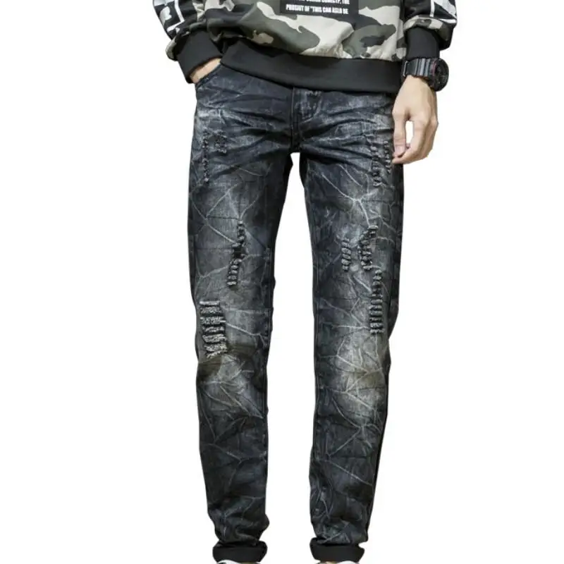 

Men's Black Jeans Biker Moto Jeans Slim Fit Straight Denim Pants Distressed Trousers Hip Hop Jeans