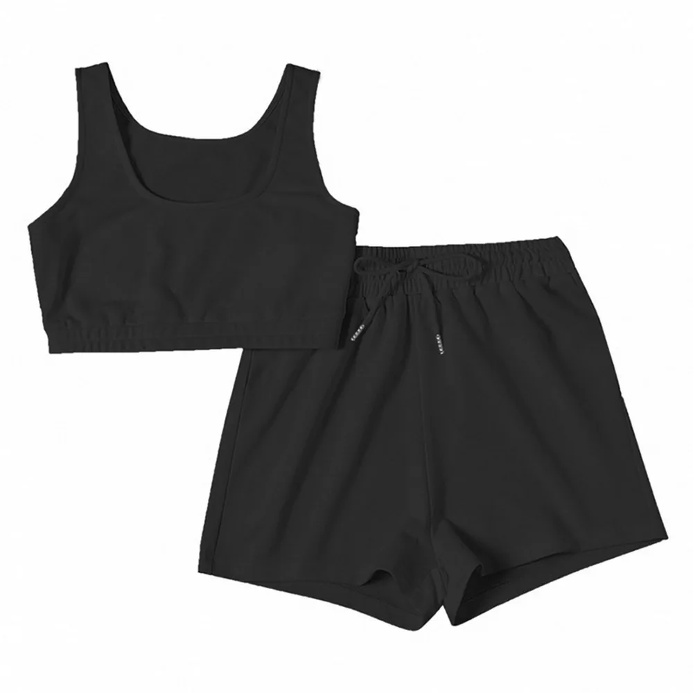 

Women Solid Sportswear Two Piece Sets Women 2021 Crop Top And Drawstring Shorts Matching Set Summer Athleisure Outfits