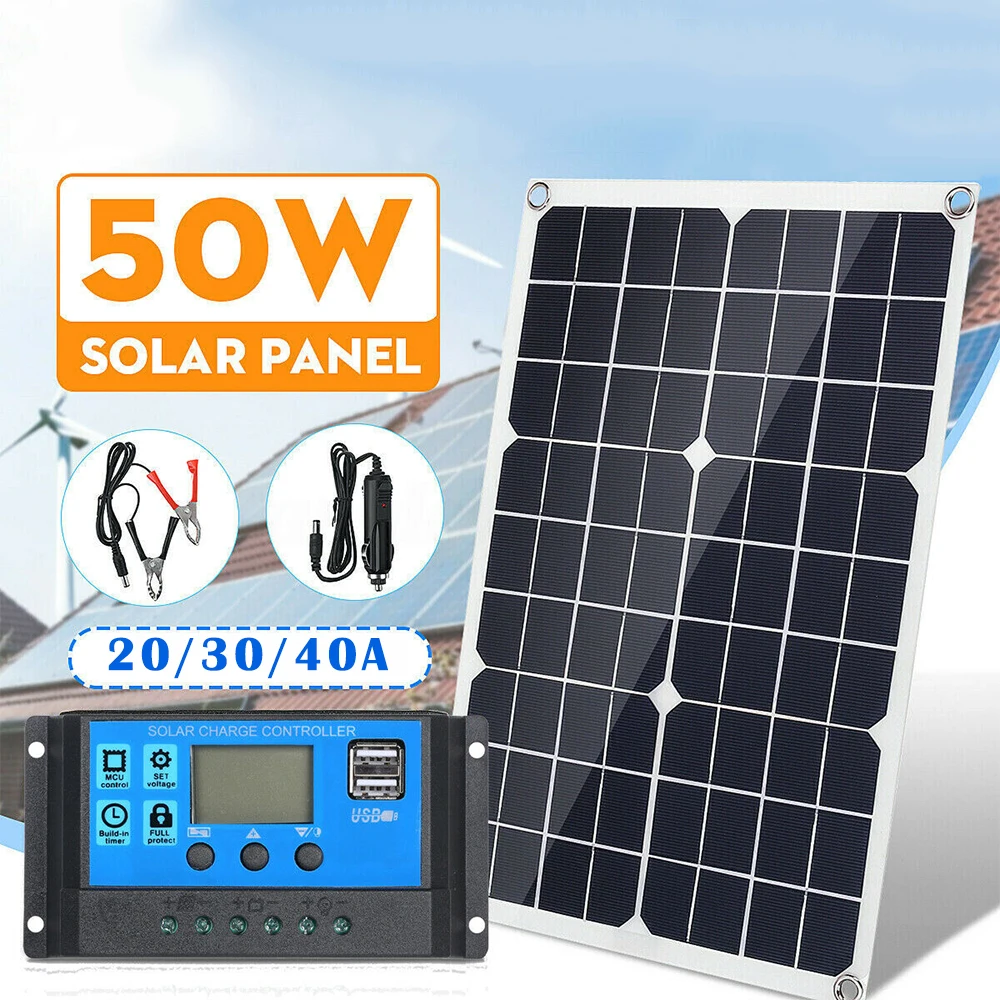 Pаспродажа 50W 12V Панели солнечные Dual USB Выход Батарея Зарядное устройство 20 Вт, 30 Вт, 40A ШИМ контроллер регулятор Home Energy Системы для автомобилей Кемпинг П...