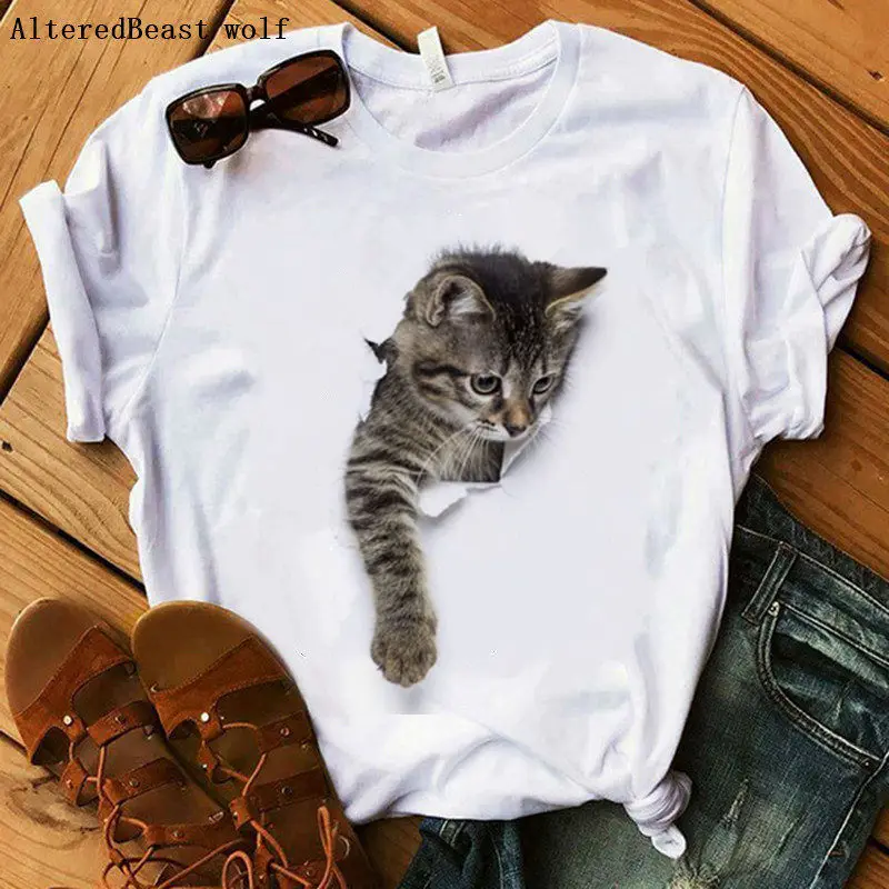 

Women T Shirt cat funny tshirt print fashion cute cat t shirt Female Casual Harajuku white tops short sleeve vogue cat clothes