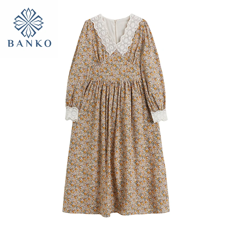 

Retro Dresses For Women 2021 Elegant Vintage Long Sleeve Black&Yellow Long Frocks Female Lace V Neck Korean Spring Beach Dress