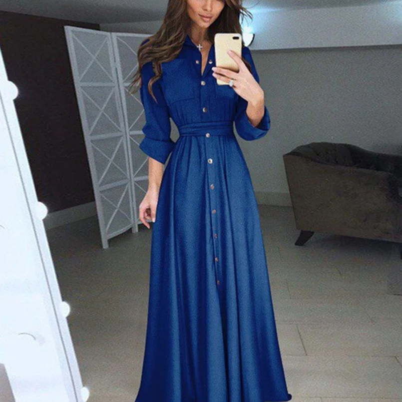 

Big Size Long Shirt Dress Women 5xl Formal Turn Down Collar Multiway Dress A Line Sukienka Single Breasted Dress Tight Waist