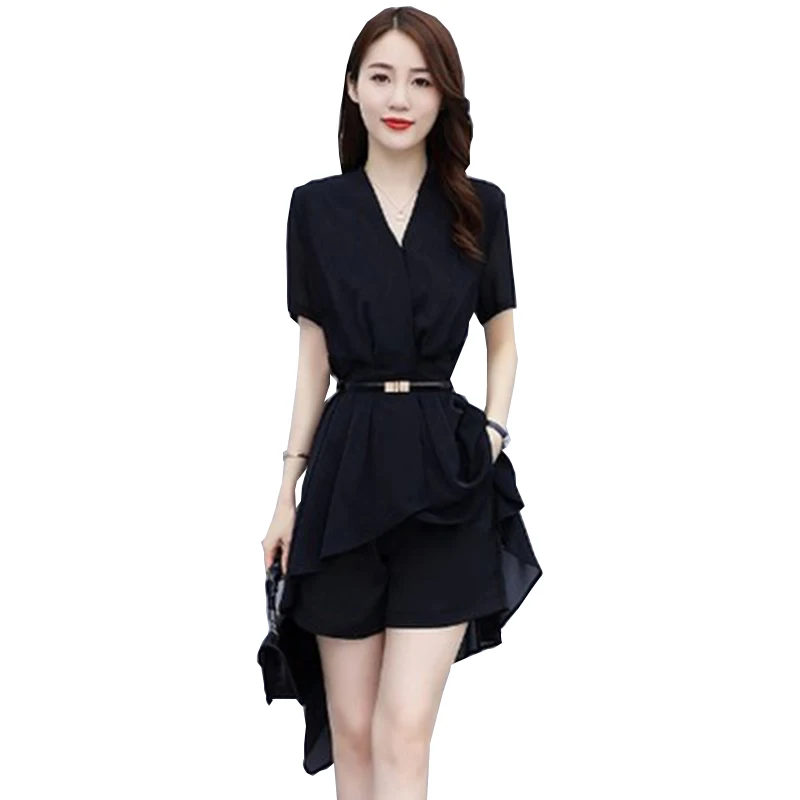 

Office Ladies 2 Two Piece Set 2021 Summer New Blouse Shirt Shorts Elegant Female Casual Black Plus Size Suit FC1302