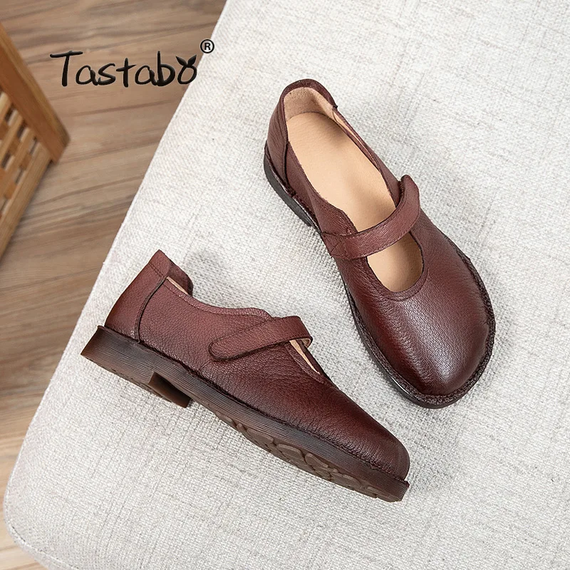 

Vintage woman oxford shoes chunky heels loafers slip on brogues round toe all-match moccasins women leather derby shoes S21681