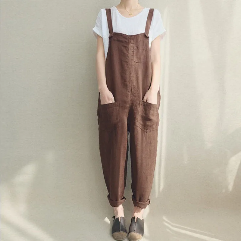 

Women Solid Color Cotton Linen Jumpsuit Ladies Vintage Loose Overalls Rompers 2020
