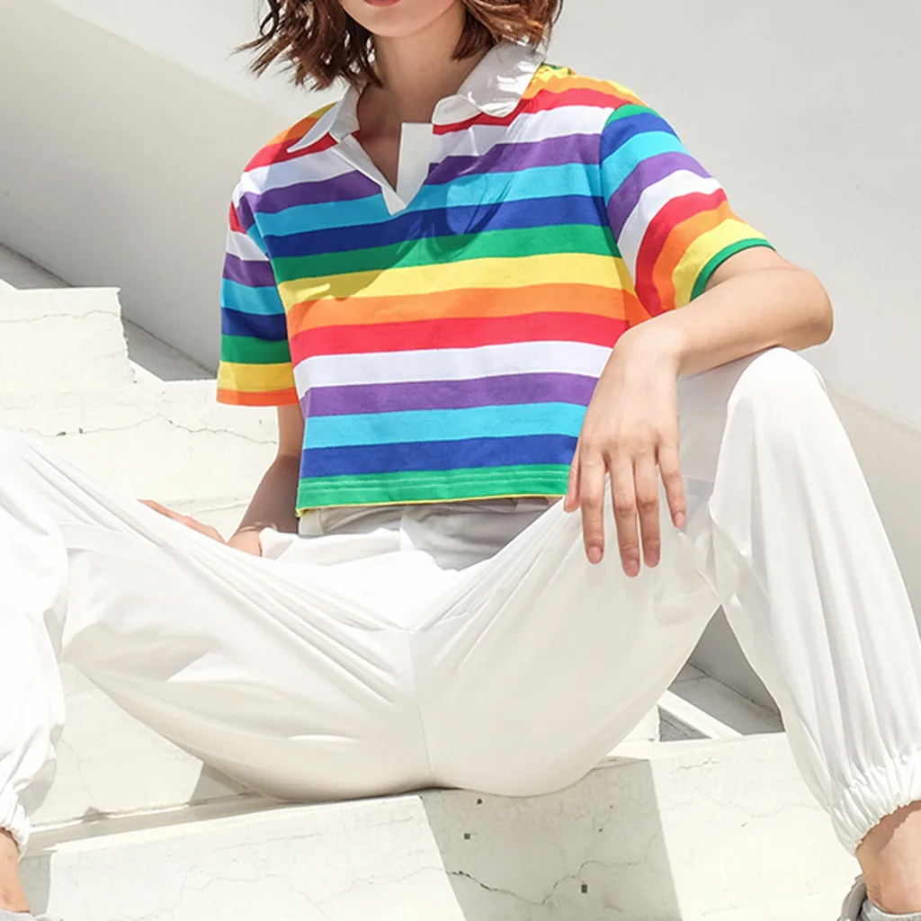 Женская футболка в стиле Харадзюку повседневный короткий топ радужную полоску с