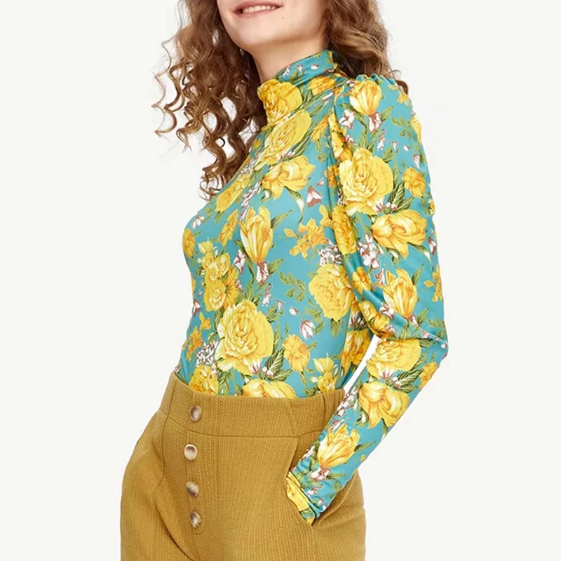 ZA Женская футболка с желтым цветком элегантная эластичная Облегающая водолазка