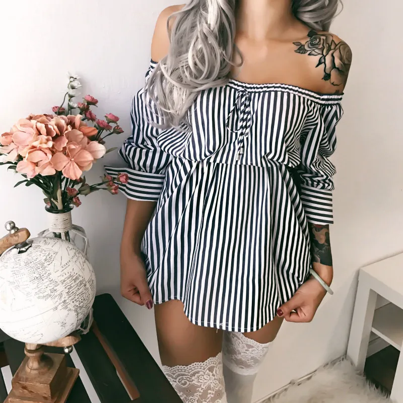 

2020 spring dress women's popular European and American summer off shoulder one line stripe Long Sleeve Dress