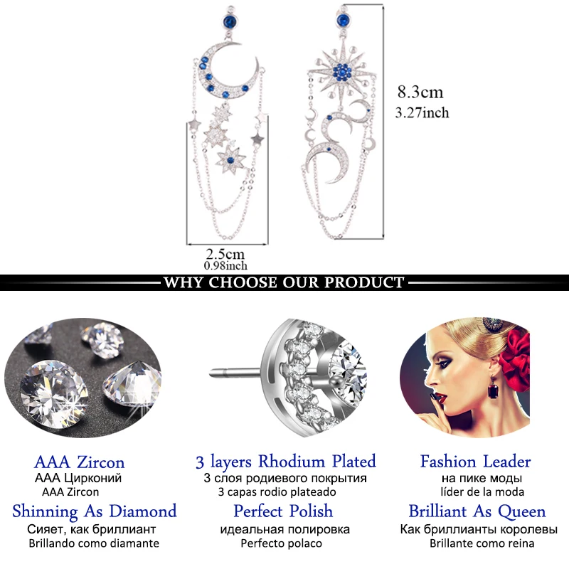 LXOEN Romantic Luxury Moon Star Drop Earrings For Women Bohimian Beaded Blue CZ White Gold color Earing Bijoux E359 | Украшения и