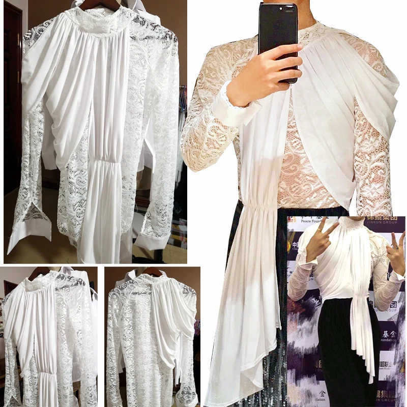 Рубашка для латинских танцев Мужская кружевная рубашка с принтом и длинным