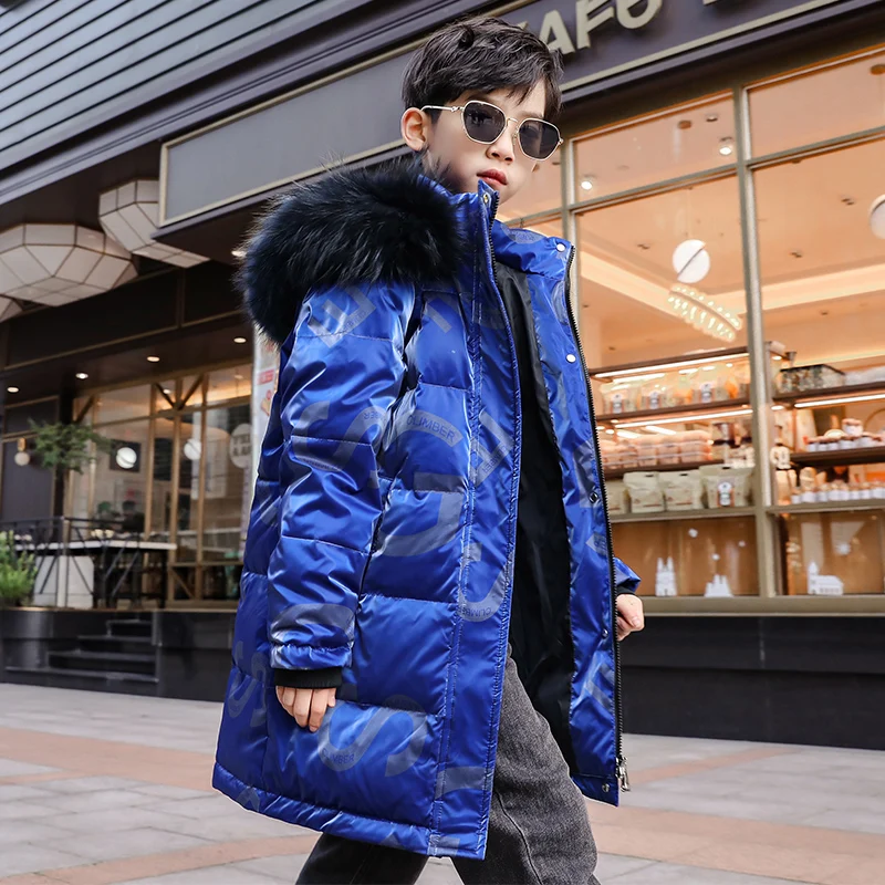 Пуховик для мальчиков зимняя подкладка большой меховой воротник детская верхняя