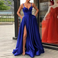 satin royal blue spaghetti straps sweetheart sexy side slit a a line evening dress with high slit dress