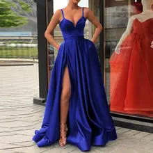 Satin royal blue spaghetti straps sweetheart sexy side slit A-A line evening dress with high slit dress (4)