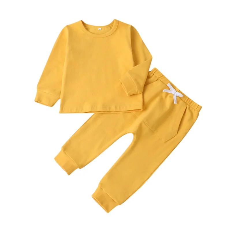 

Осенне-весенняя однотонная хлопковая рубашка с длинным рукавом для маленьких девочек, костюм с брюками, Детская Пижама, хлопковая одежда, к...