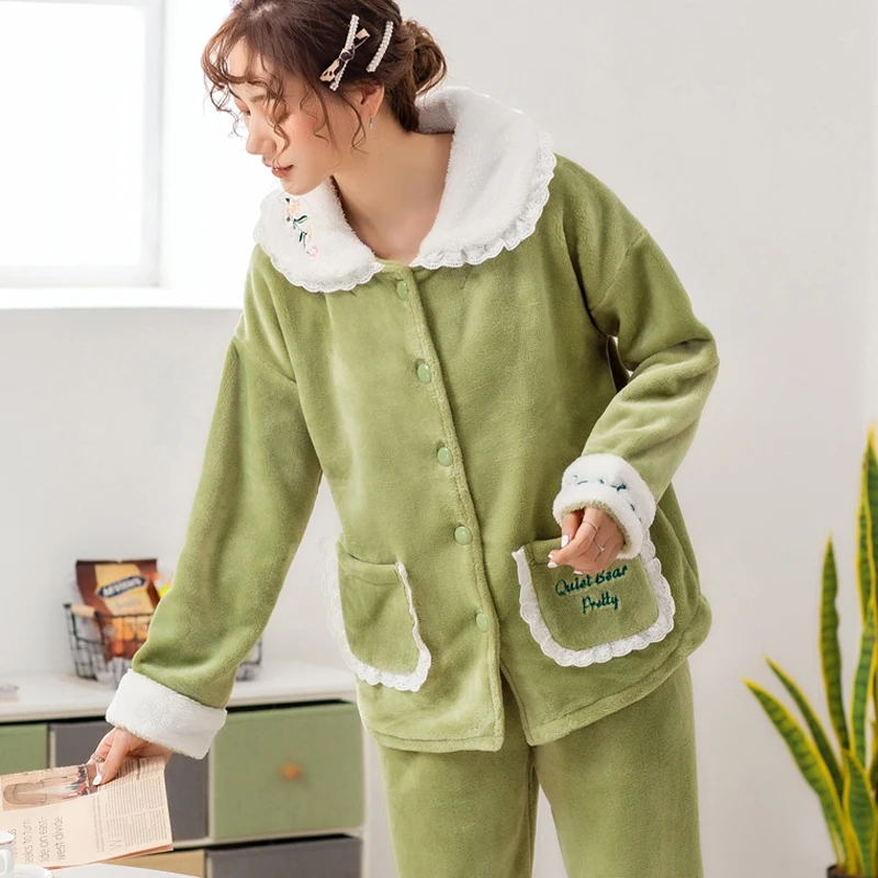 Теплый зимний женский пижамный комплект толстая Фланелевая пижама с длинными