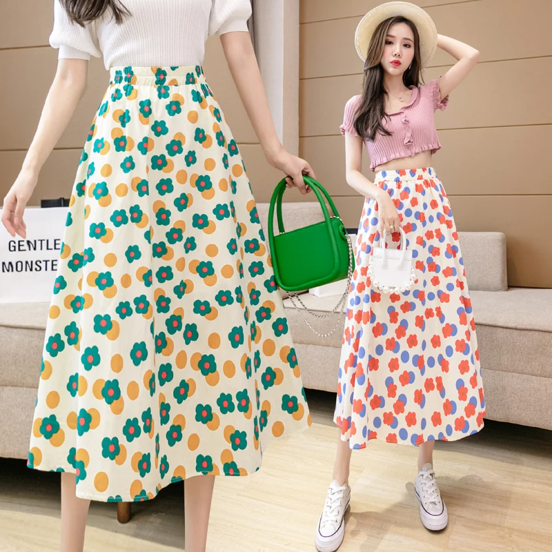 

2021 New Arrival Summer Korean Style Women Loose Casual High Waist A-line Skirt Elastic Waist Vintga Print Cotton Skirts W344