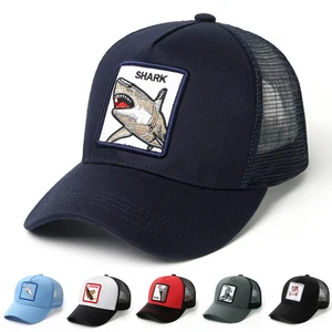 Летняя бейсболка для мужчин и женщин, Кепка-Снэпбэк с вышивкой в виде животных, черная сетчатая Кепка для водителя грузовика, Кепка для папы, Кепка с акулой в стиле хип-хоп для мужчин