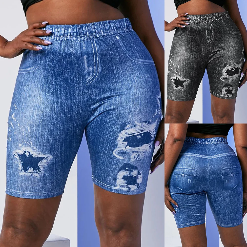 

Plus Size 3D Destryed Women Fake Jeans Fashion Casual Print Ladies Short Jeggings Shorts Large Size Blue Shorts D30