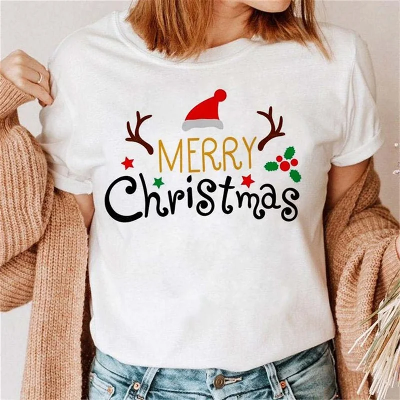 

Christmas Hat Merry Christmas Print Women T Shirt Short Sleeve O-neck Loose Women Tshirt Ladies Tee Shirt Tops Camisetas Mujer