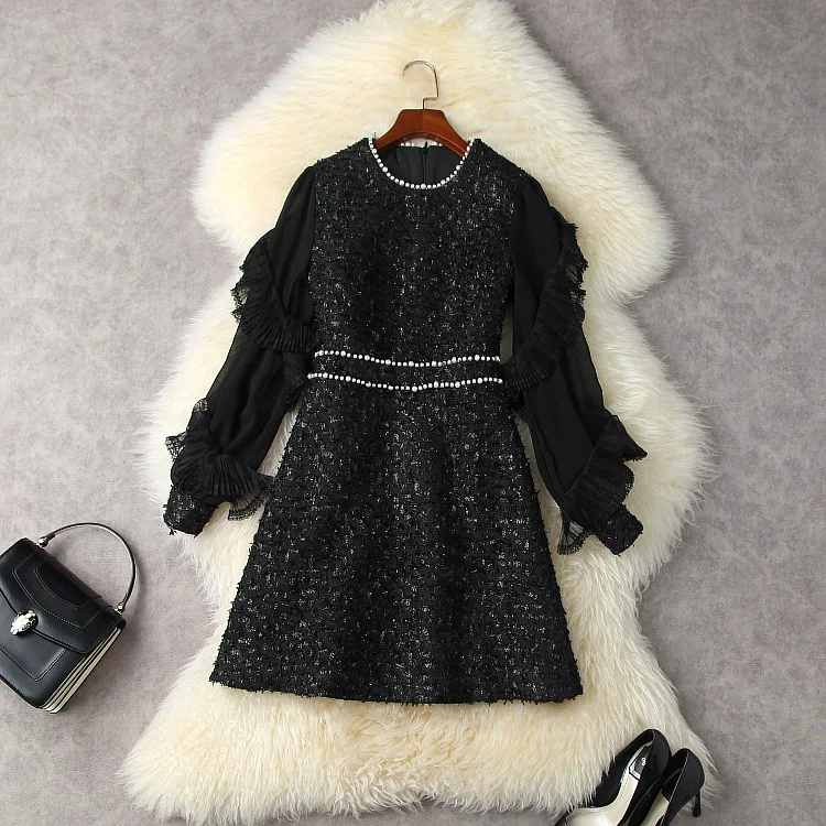 European and American women's clothing winter 2022 new Lanterns have long sleeves Patchwork beaded tweed fashion dress