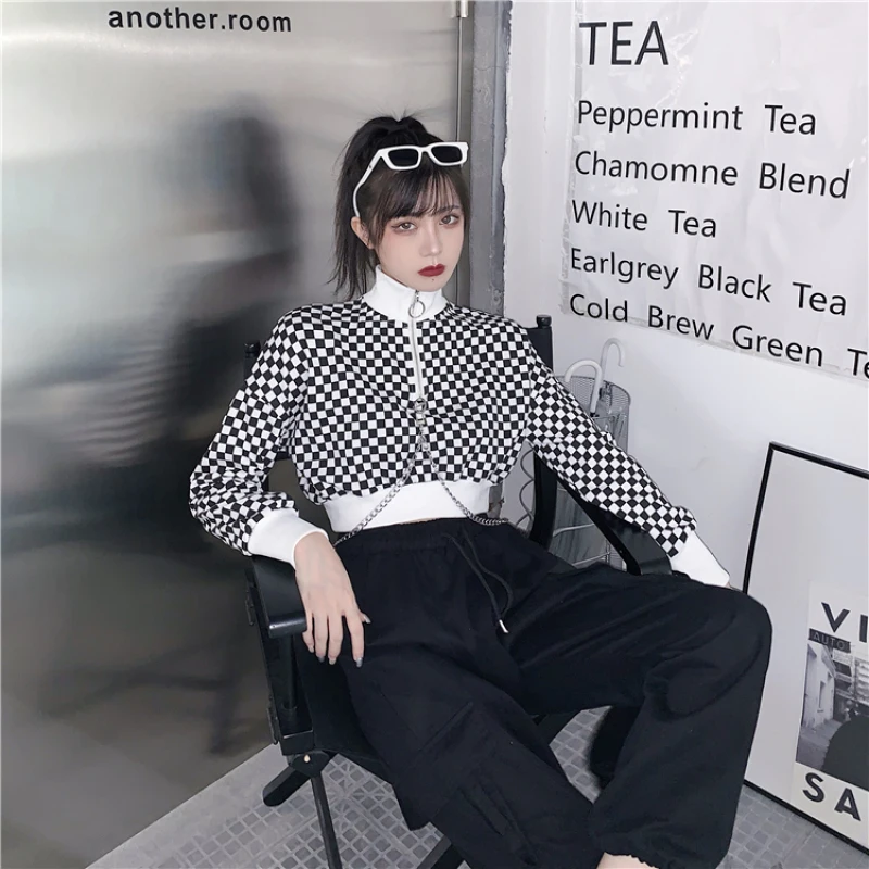 

Harajuku Dark High Waist Short Plaid Women's Hoodies Stitching High Neck Chain Cropped Women Sweatshirt Navel Streetwear Top