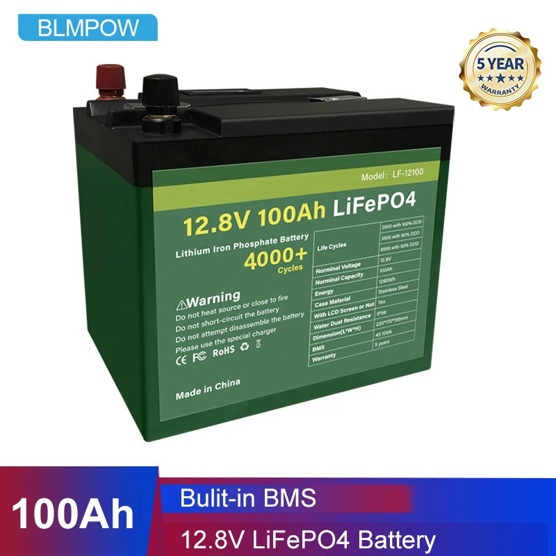 BLMPOW 12V 100Ah LiFePO4 Аккумулятор с встроенной BMS 2400Wh Литий-железофосфатный пакет для RV гольф-кара кемперов.