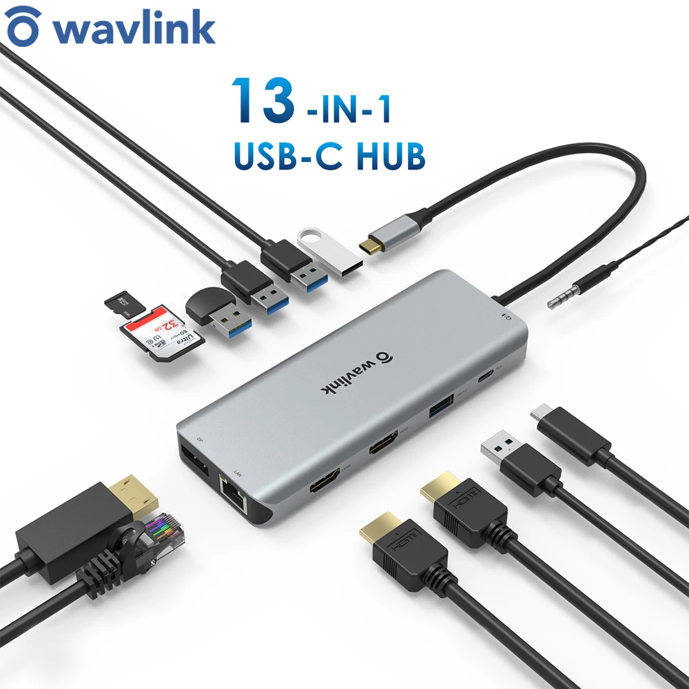 Хаб Wavlink с USB 3 1 и Type-C на HDMI-адаптер 4K DP 4 C хаб 0 кардридером TF SD карт PD зарядка для