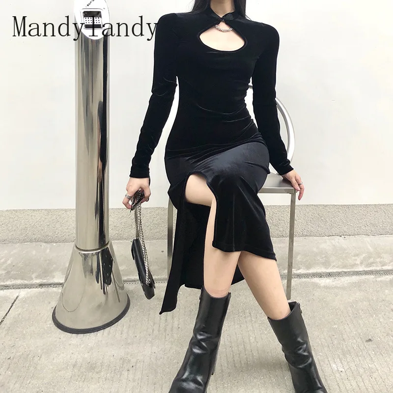 

Летнее сексуальное платье Mandylandy с воротником хомутом и длинными рукавами с высокой талией, женское винтажное однотонное облегающее платье ...